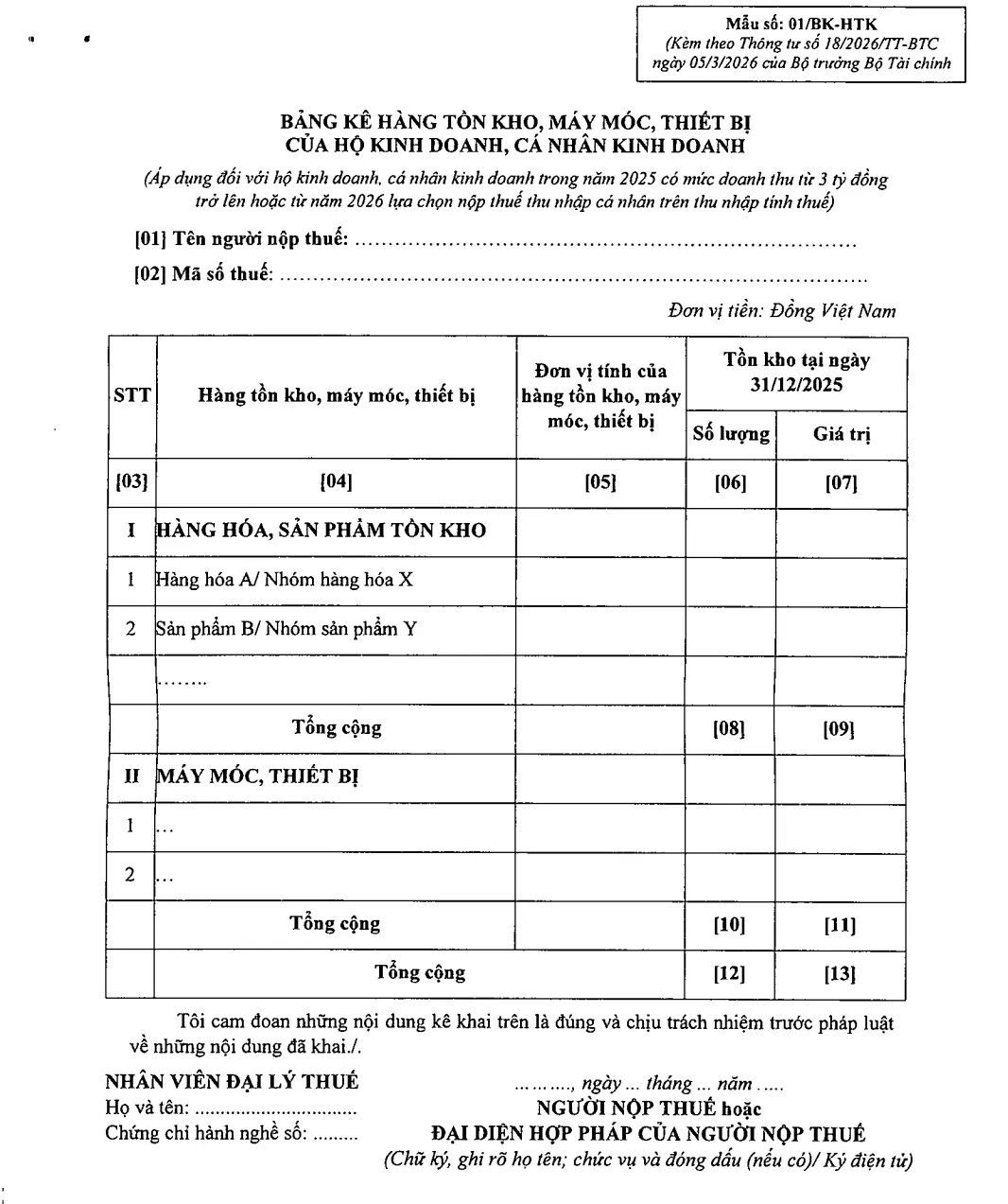 Mẫu bảng kê hàng tồn kho hộ kinh doanh theo Thông tư 18/2026/TT-BTC